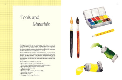 A printed page titled 'Tools and Materials' with text on the left and several art supplies illustrated or shown on the right, including paintbrushes, a watercolor palette, a yellow pencil, and paint swatches.