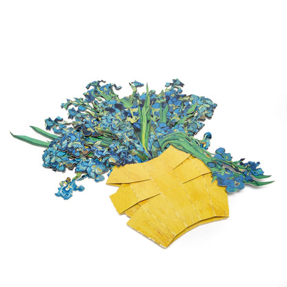 Bouquet of blue flowers with a yellow envelope on a white background