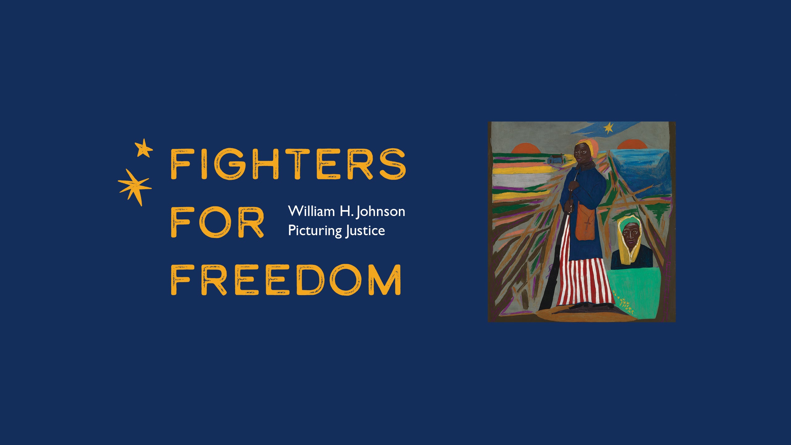 Promotional graphic for 'Fighters for Freedom' with a painting and text on a blue background