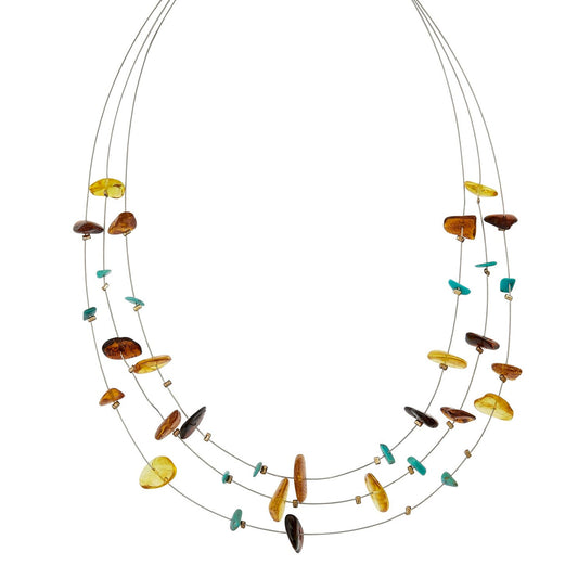 Amber and Turquoise Chip Three Strand Necklace