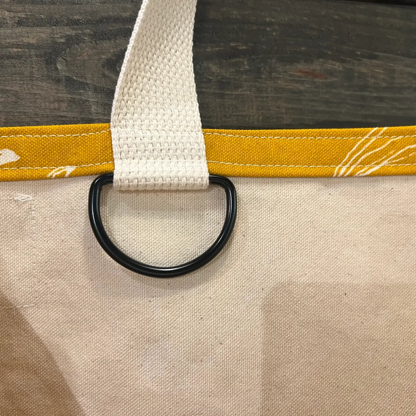 Close-up of a beige bag with a yellow strap and black ring on a wooden surface