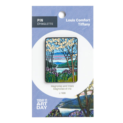 Pin with nature design on packaging labeled 'Louis Comfort Tiffany' and 'Today is Art Day'.