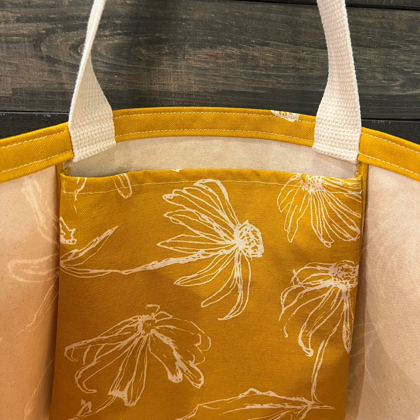 Yellow tote bag with floral pattern on a wooden surface