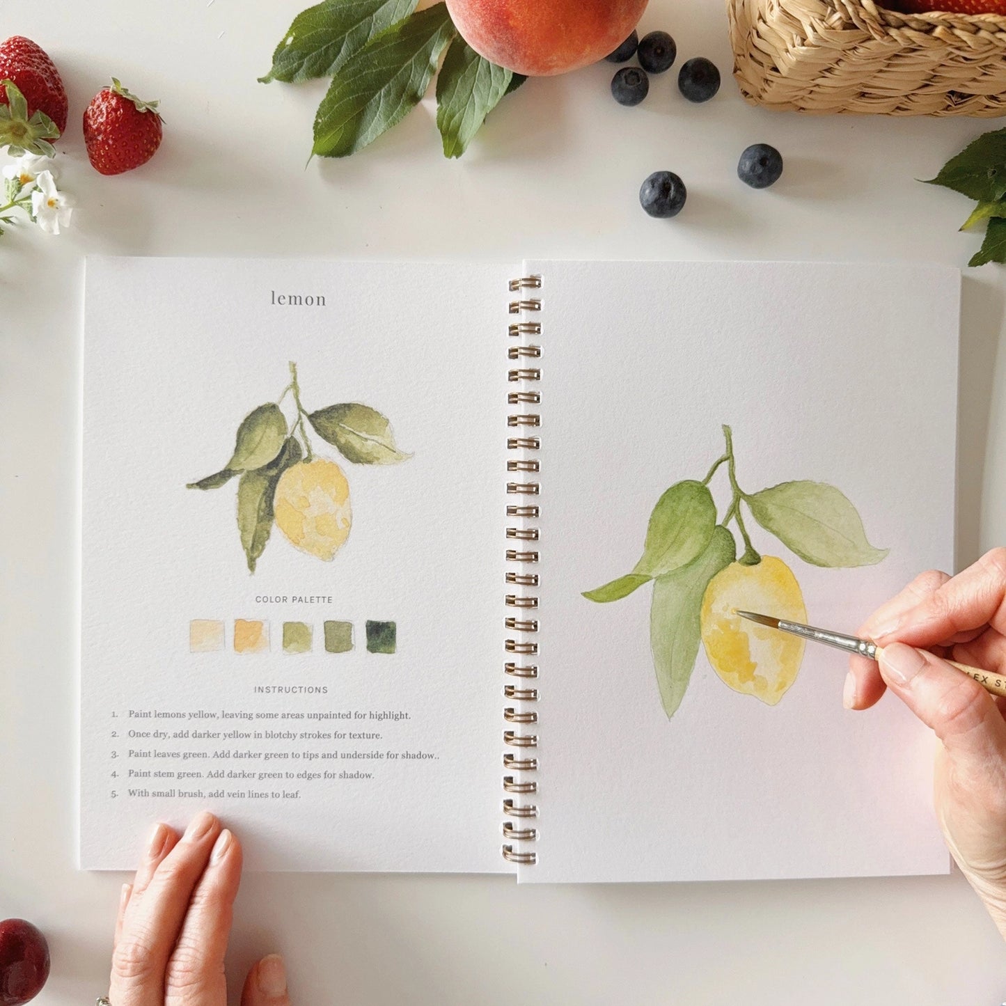 Open book with lemon illustrations and color palettes, surrounded by fruits on a light surface.