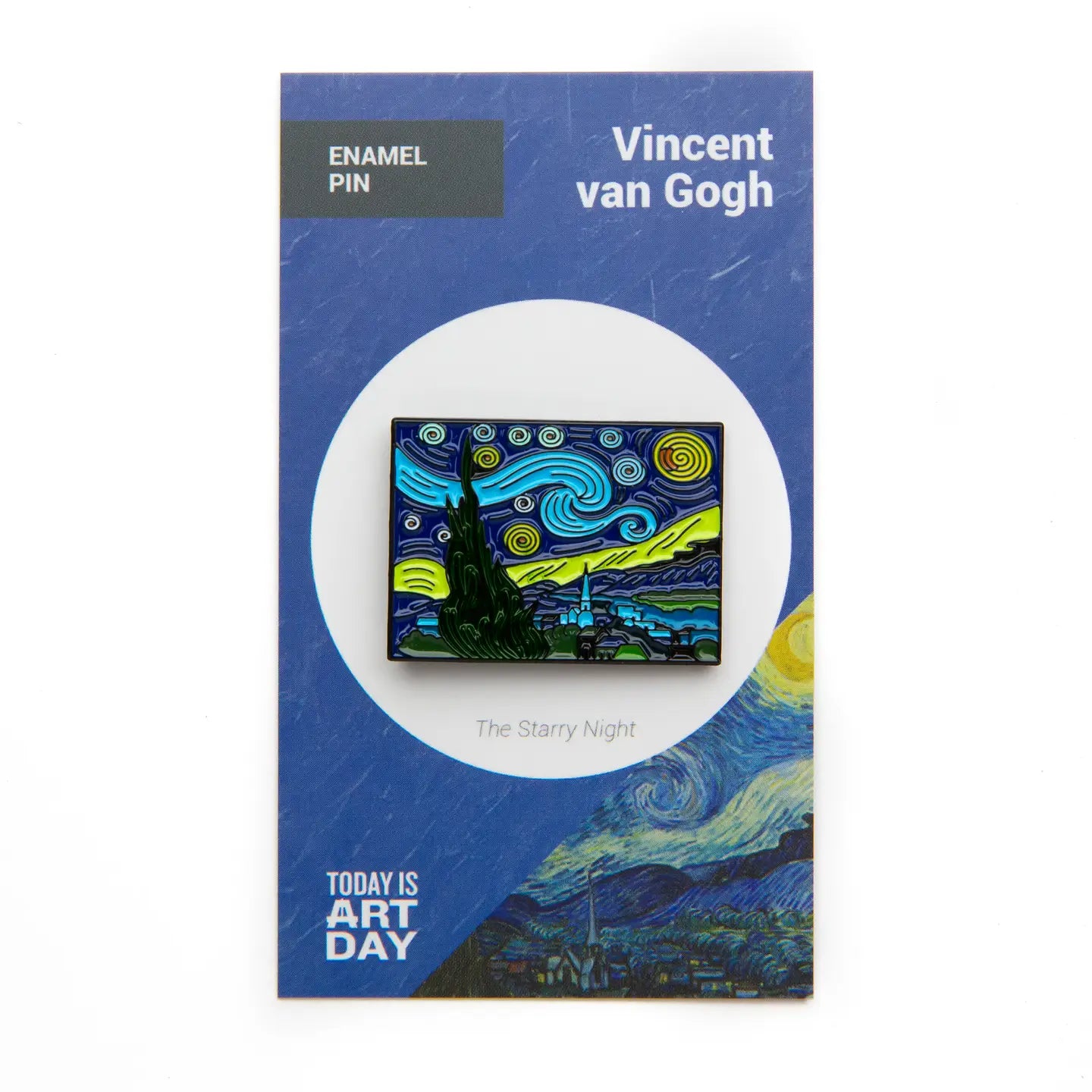 Vincent van Gogh 'The Starry Night' enamel pin packaging on a white background