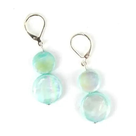Pair of earrings with light teal mother of pearl beads on a white background