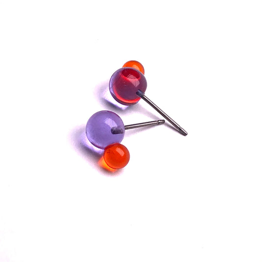 Lavender and Orange Glass Double Globe Post Earrings