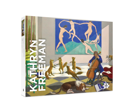 Puzzle packaging with artwork and 'Kathryn Freeman' text