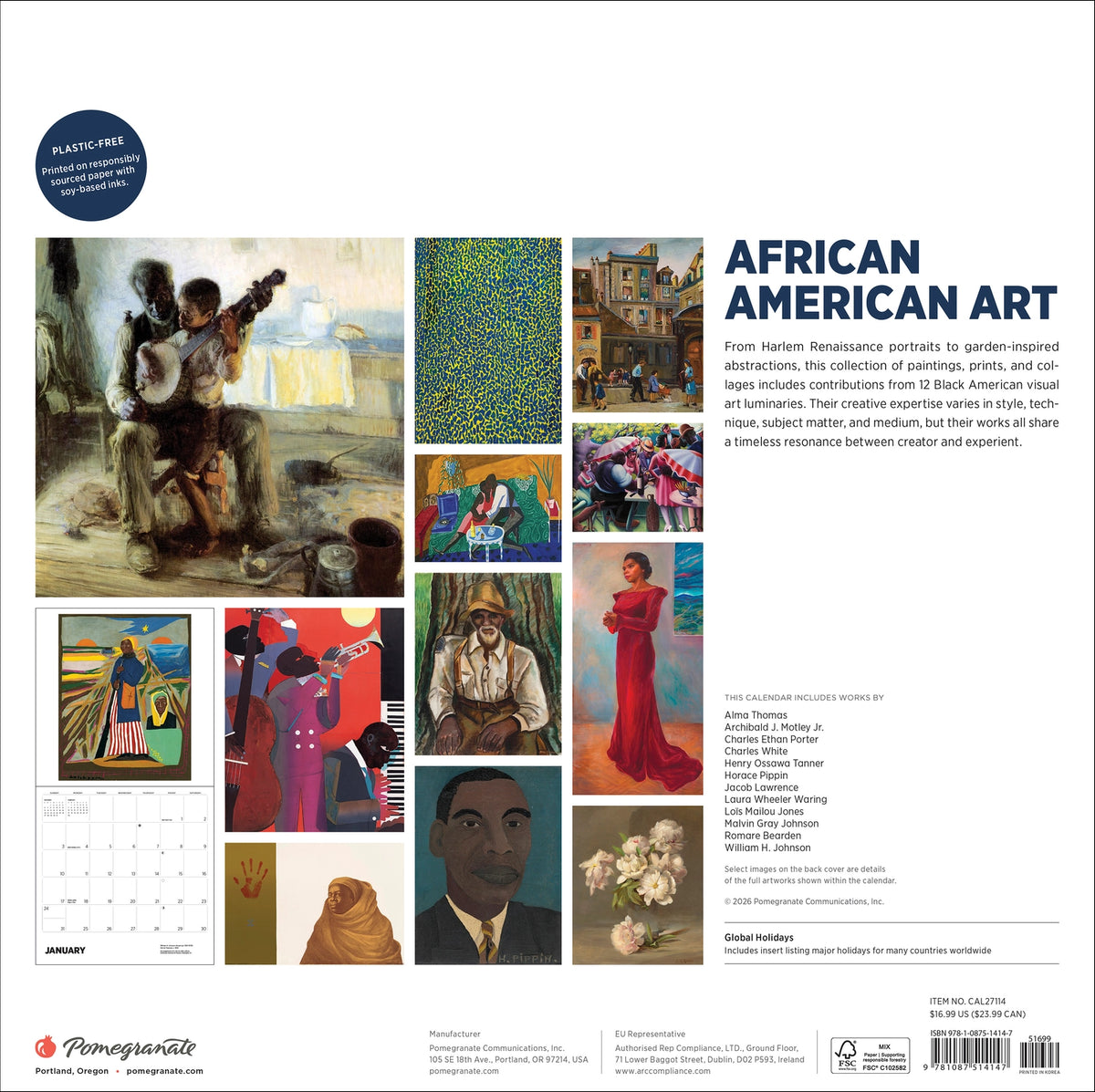 Back cover of African American Art 2027 Wall Calendar with text on the right hand side and 12 images on the left.
