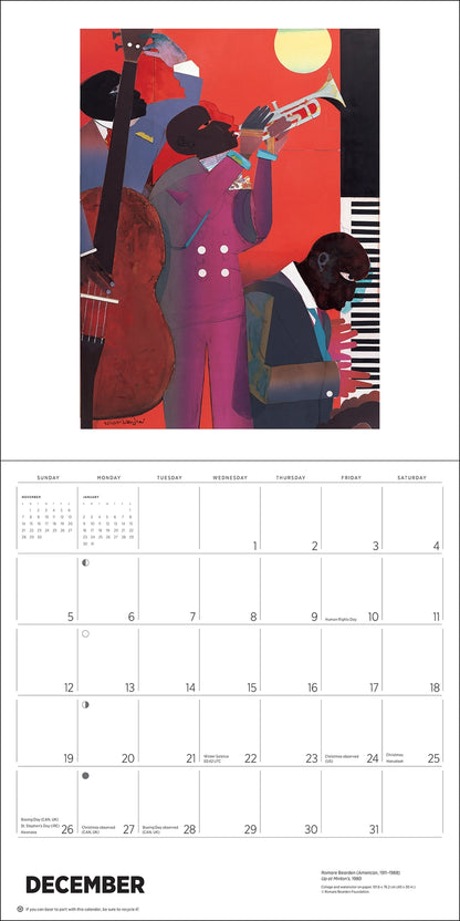 Open calendar with a monthly grid on the bottom and a red and purple image of 3 musicans at the top