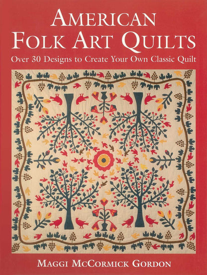 Book cover of 'American Folk Art Quilts' with a colorful quilt design on a red background.