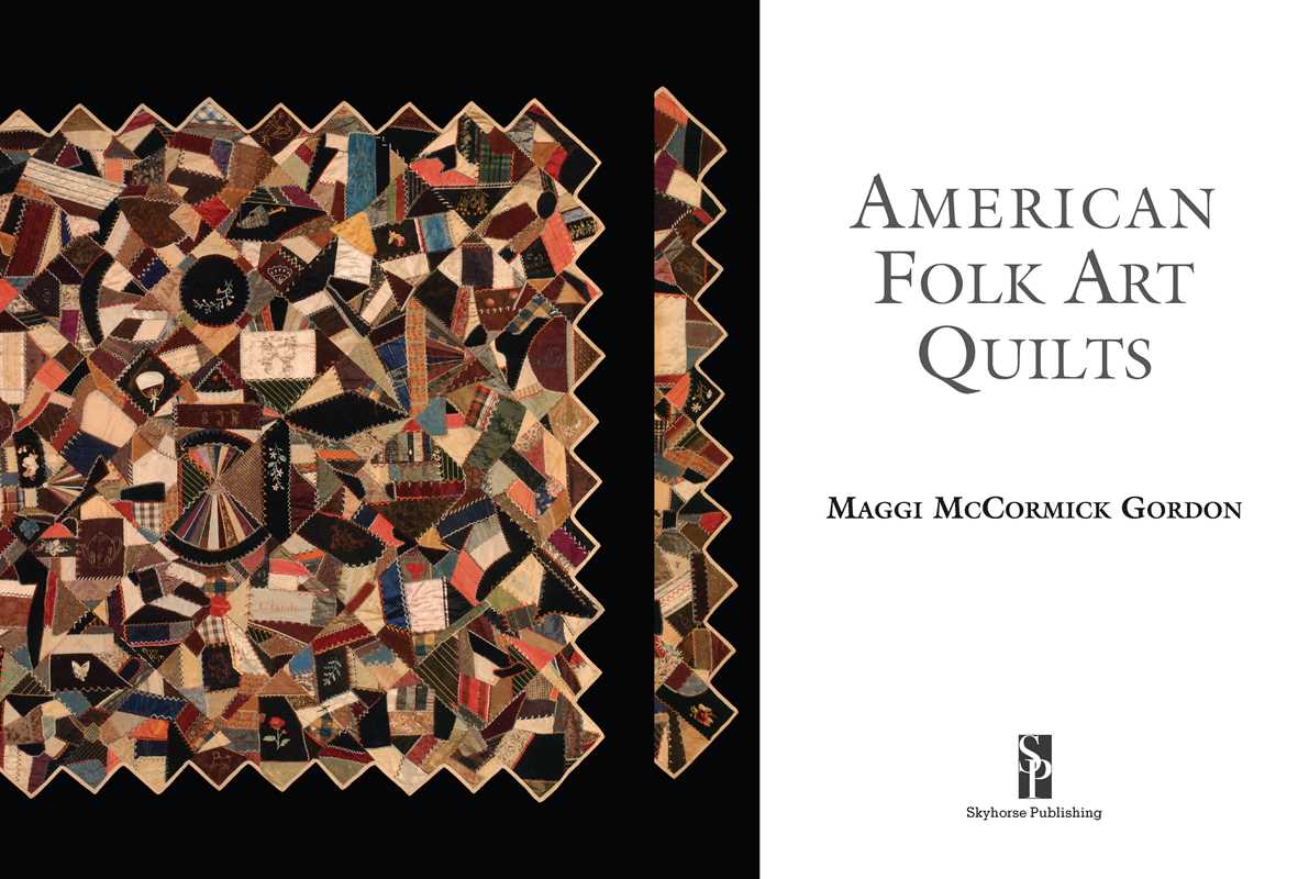 Book page depicting a patchwork quilt on a black background to the left and the words "American Folk Art Quilts Maggie McCormick Gordon" on a white background to the right