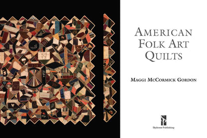 Book page depicting a patchwork quilt on a black background to the left and the words "American Folk Art Quilts Maggie McCormick Gordon" on a white background to the right