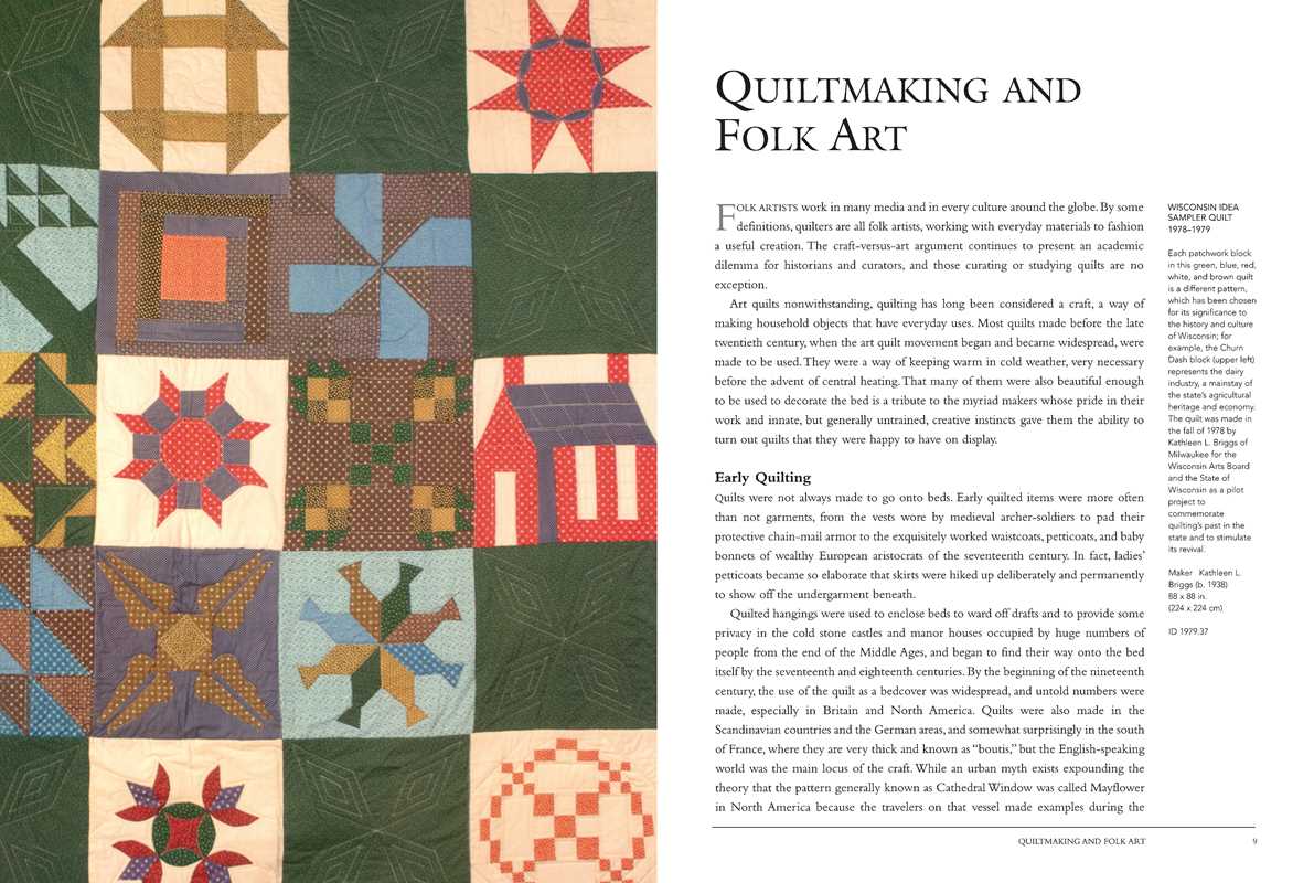 A book page depicting a green, red and blue patchwork quilt to the left and text on a white background to the right.
