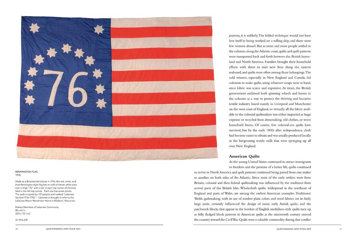 A book page depicting an American flag quilt on the left and text on a white background to the left.