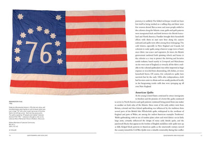 A book page depicting an American flag quilt on the left and text on a white background to the left.