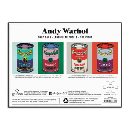 Andy Warhol 'Soup Cans' lenticular puzzle package, featuring iconic Campbell's Tomato Soup can designs in a puzzle layout with product details and a Galison brand logo.