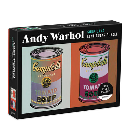 Andy Warhol Soup Cans lenticular puzzle packaging with two Campbell's Soup cans on a white background.
