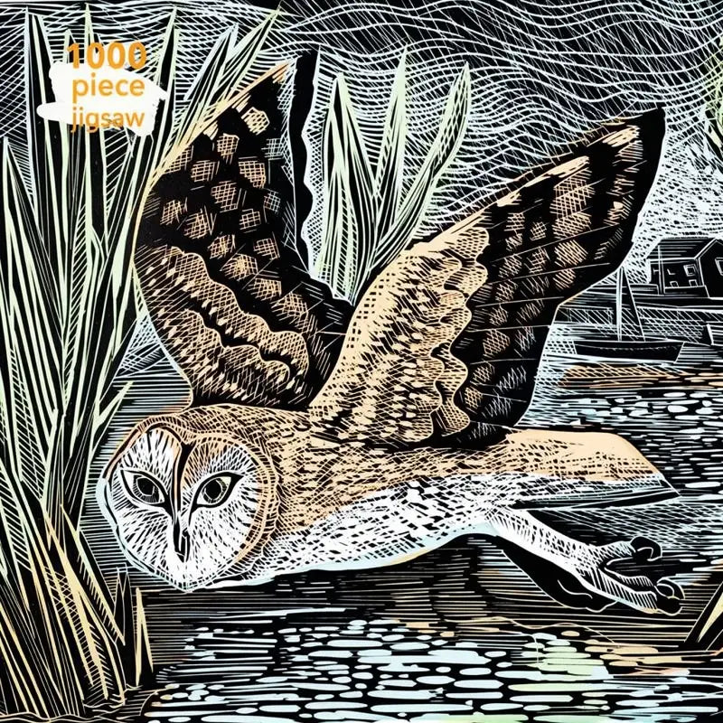 A brown and white barn owl flying through a march with a building and boat in the background. The words "1000 piece jigsaw" are in the top left corner.