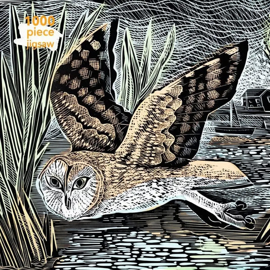 A brown and white barn owl flying through a march with a building and boat in the background. The words "1000 piece jigsaw" are in the top left corner.