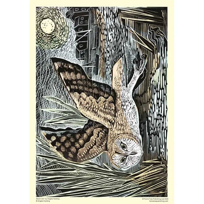 A poster of a brown and white marsh owl flying through a seascape with a building and boat in the background. 