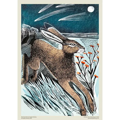 A poster of Angela Harding's artwork depicting a brown hare leaping across a snowy landscape.