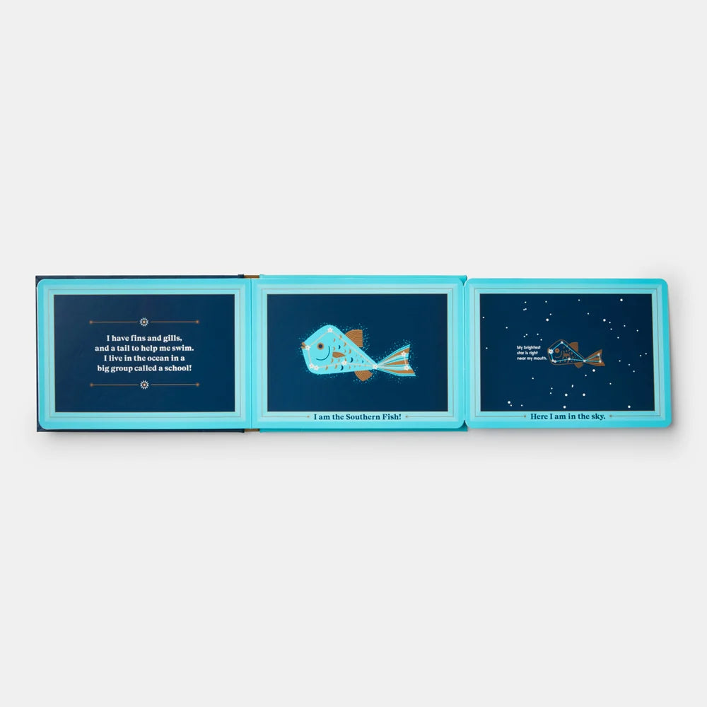 A children's book shown open flat against a light gray background. The pages have bright turquoise borders and dark navy interiors with printed illustrations and text, including a fish illustration in the center panel.