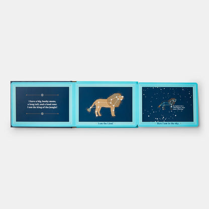 Children's book about the constellation Leo with illustrations and text on a white background