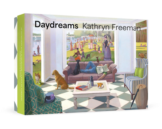 Box cover of 'Daydreams' by Kathryn Freeman with a colorful illustration of a living room scene with a man napping, dogs and a monkey