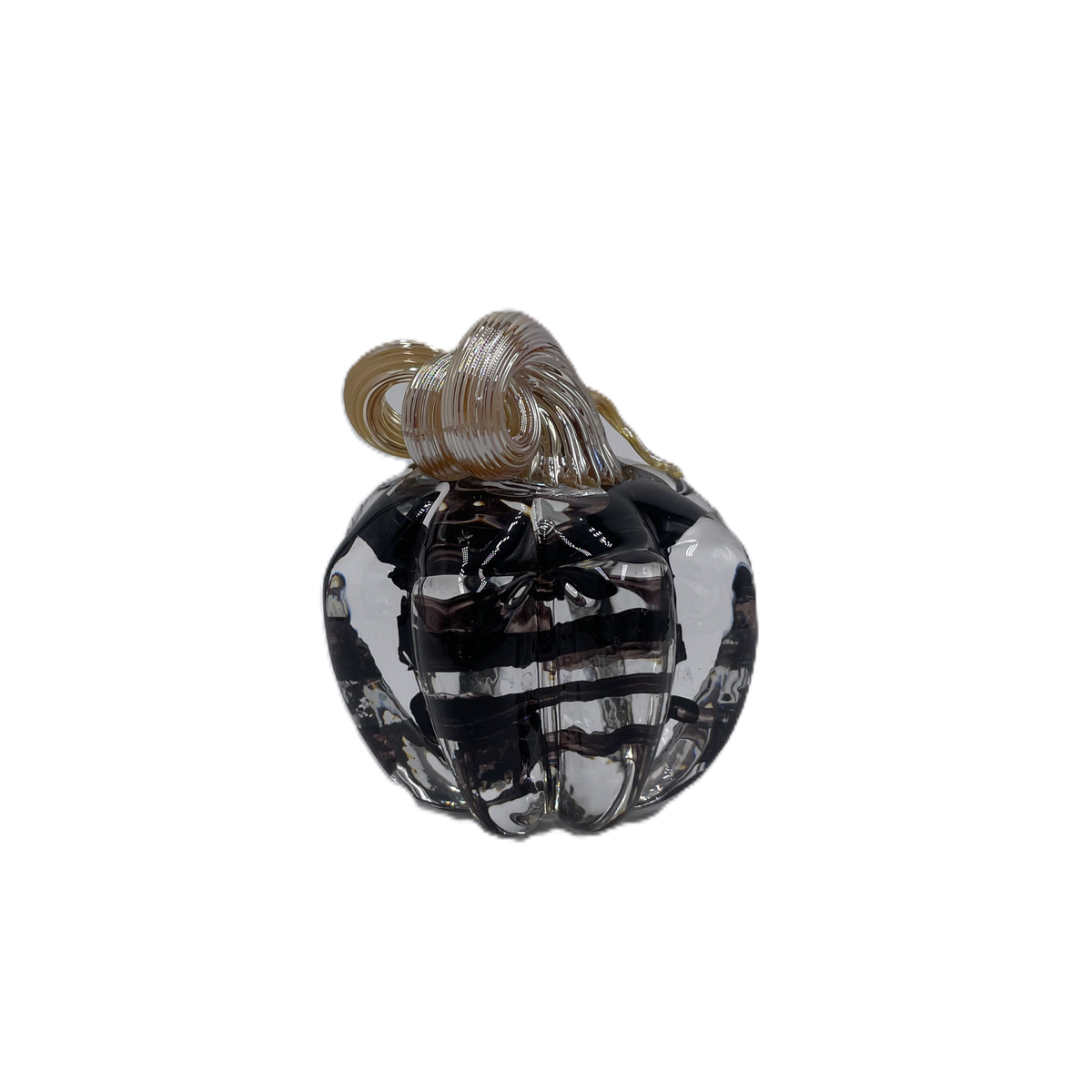 A small glass pumpkin with a dark smoky black body and a twisted tan stem, isolated on a white background.