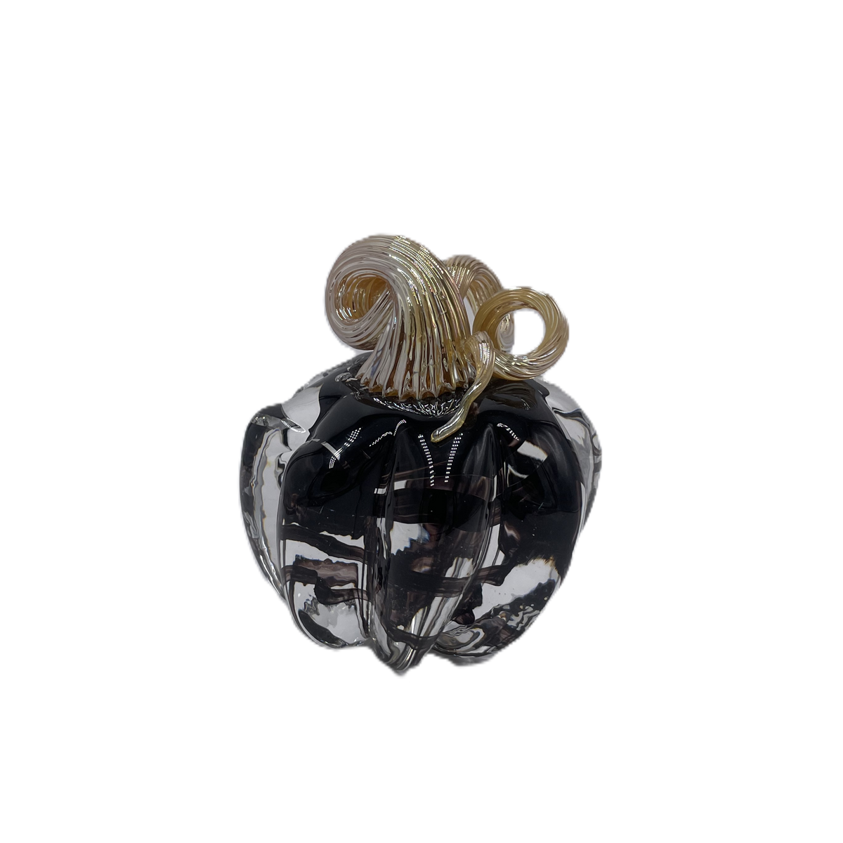 A small glass pumpkin with a dark smoky black body and a twisted tan stem, isolated on a white background.
