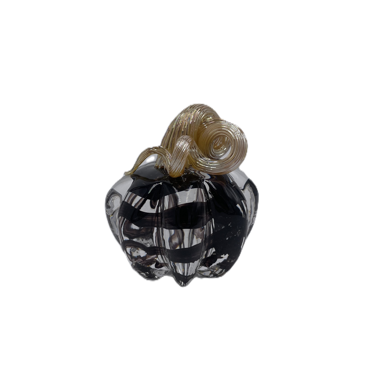 A small glass pumpkin with a dark smoky black body and a twisted tan stem, isolated on a white background.