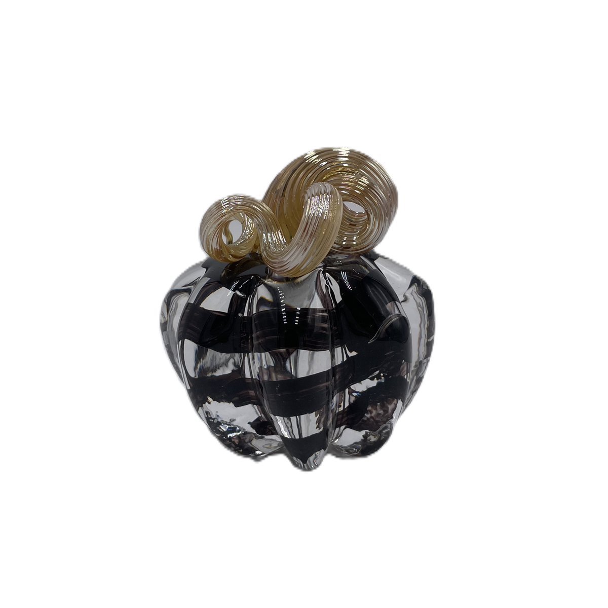 A small glass pumpkin with a dark smoky black body and a twisted tan stem, isolated on a white background.