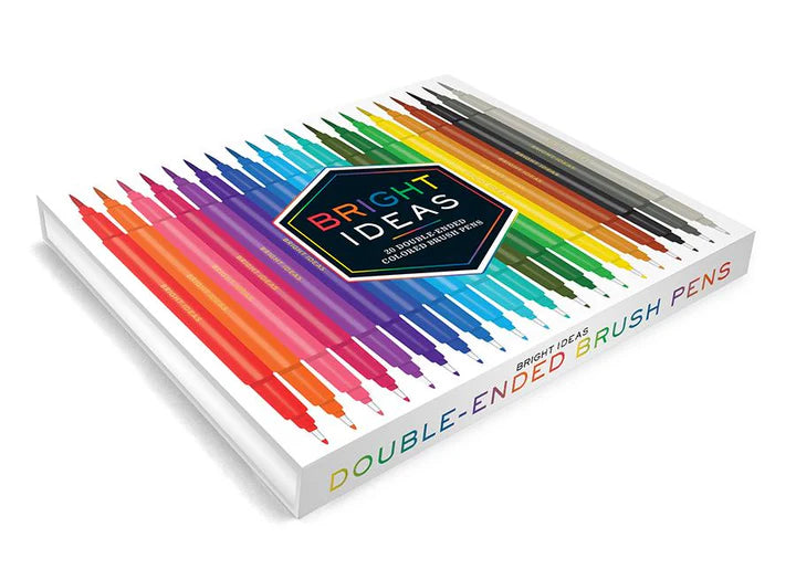 Box of double-ended brush pens with colorful tips on a white background