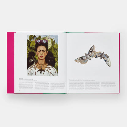 Open book showing a portrait of Frida Kahlo with flowers and a butterfly illustration on a white background