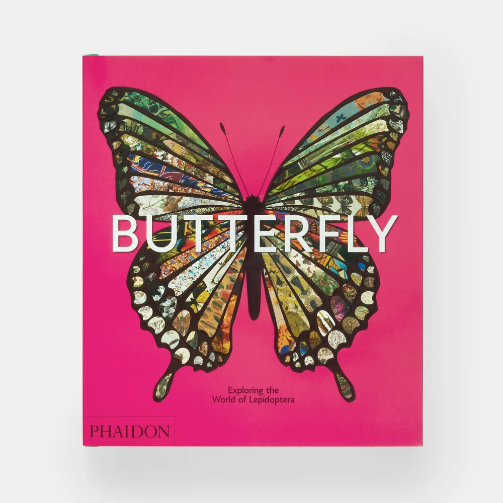 A hardcover book titled "BUTTERFLY" by Phaidon, featuring a large colorful butterfly illustration on a bright pink cover, photographed against a light gray background.