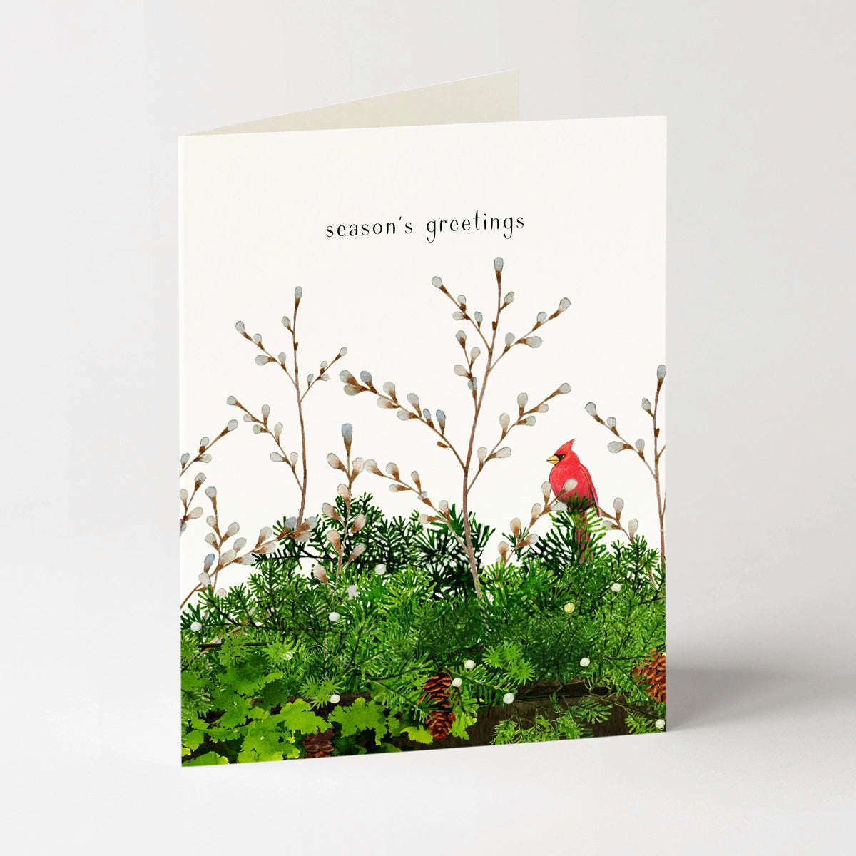 A cream holiday card featuring a pussy willow, greenery and cardinal watercolor design with the text "season's greetings" on a light grey 
background
