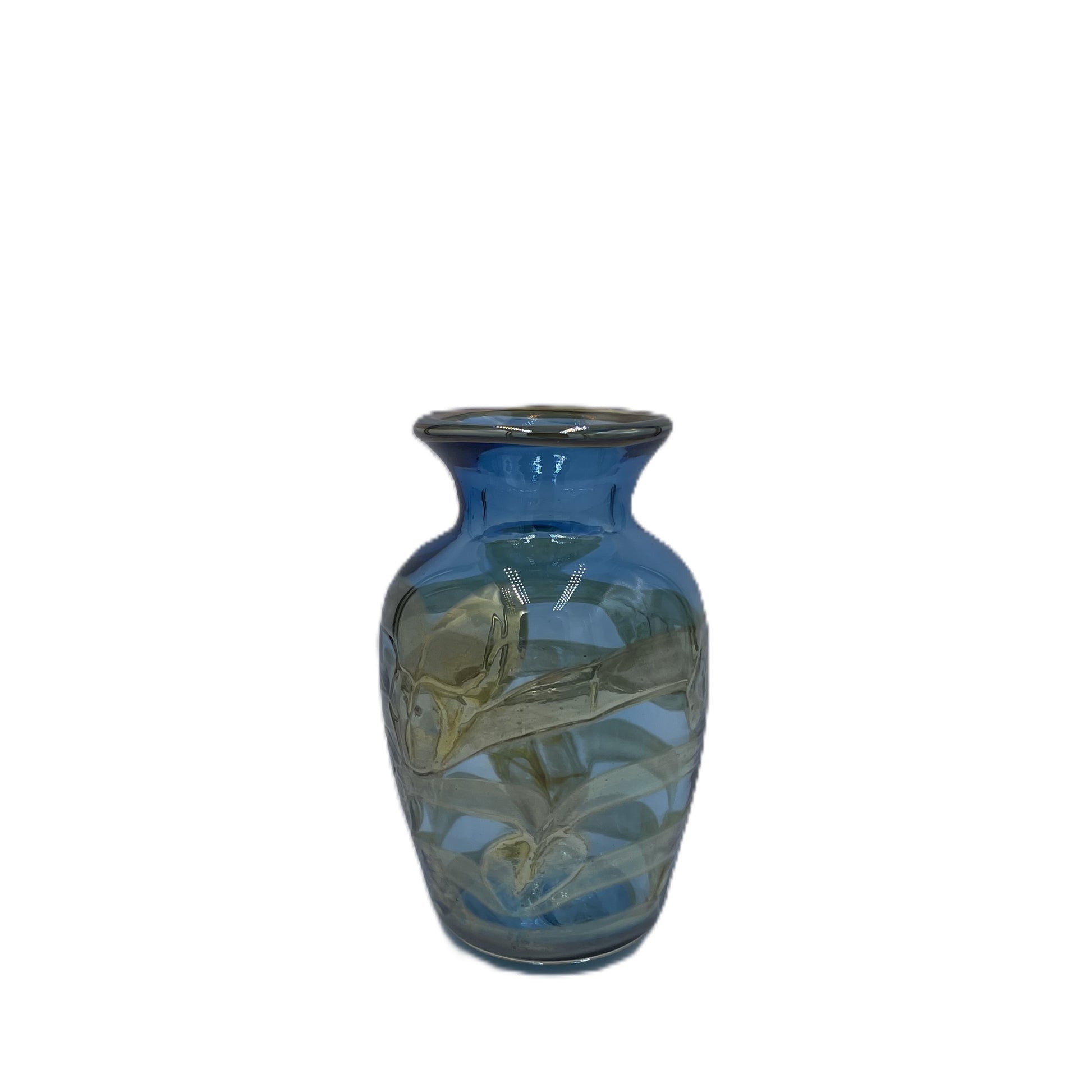 Blue glass vase with floral design on a white background