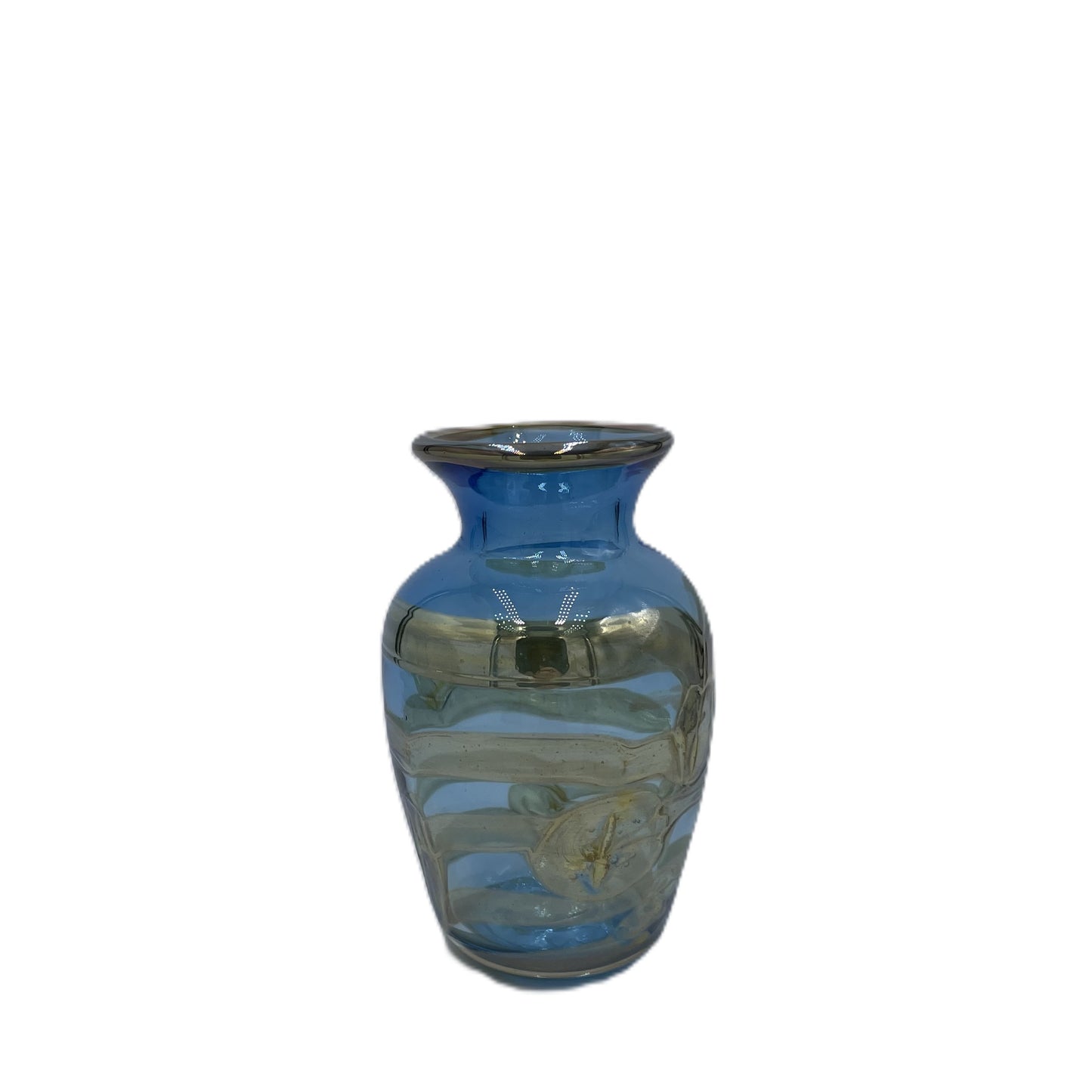Blue glass vase with an irridescent floral design on a white background