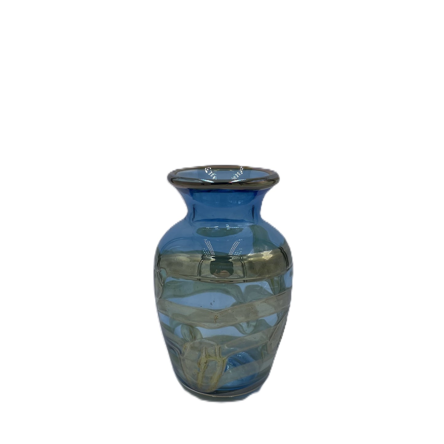 Blue glass vase with an irridescent floral design on a white background