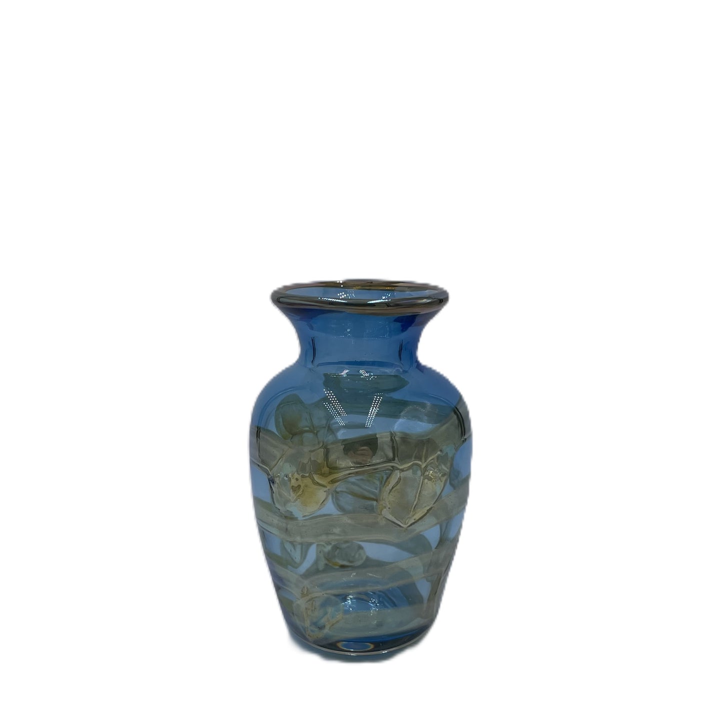 Blue glass vase with an irridescent floral design on a white background