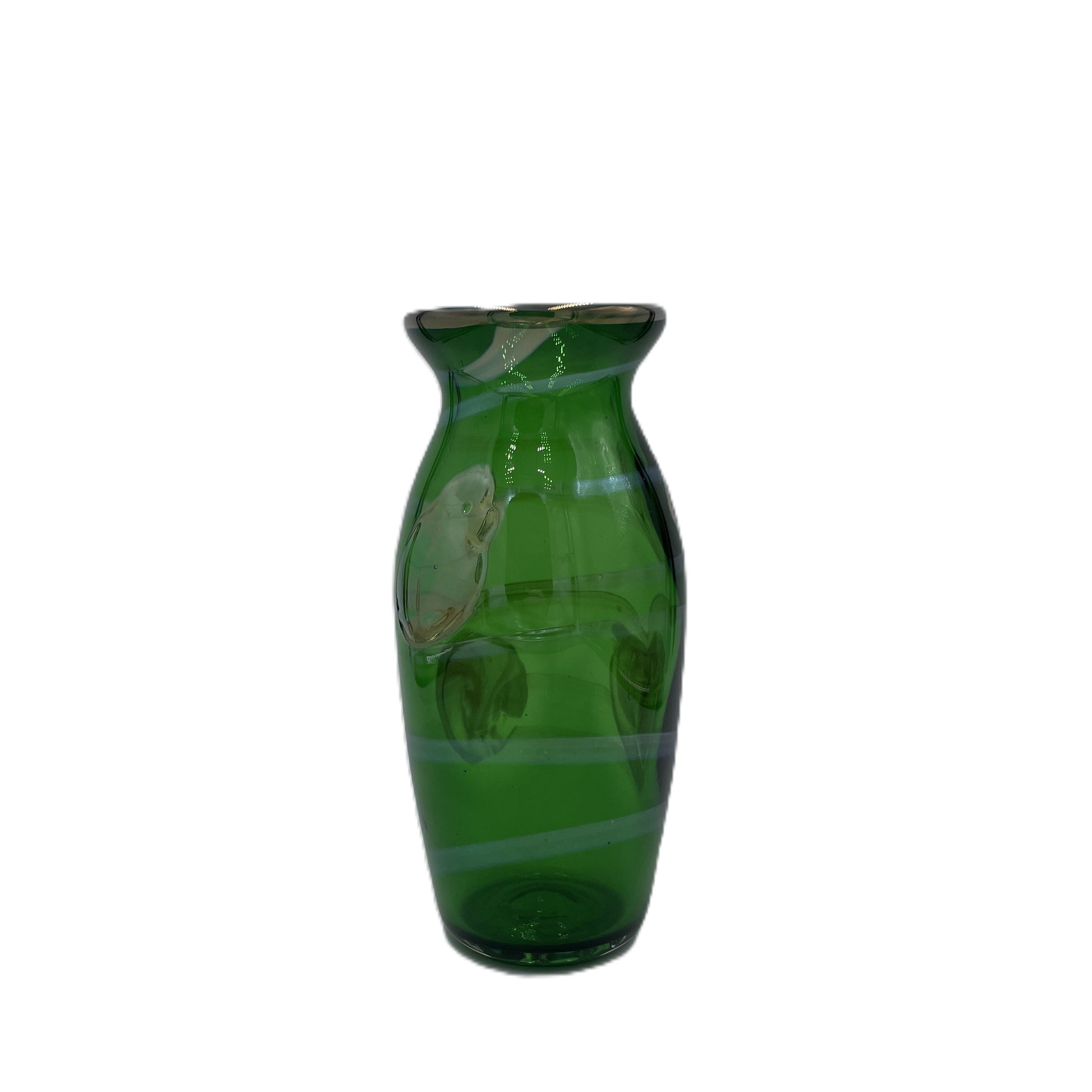 Green glass vase with irridesecnt leaf and vine motif on a white background