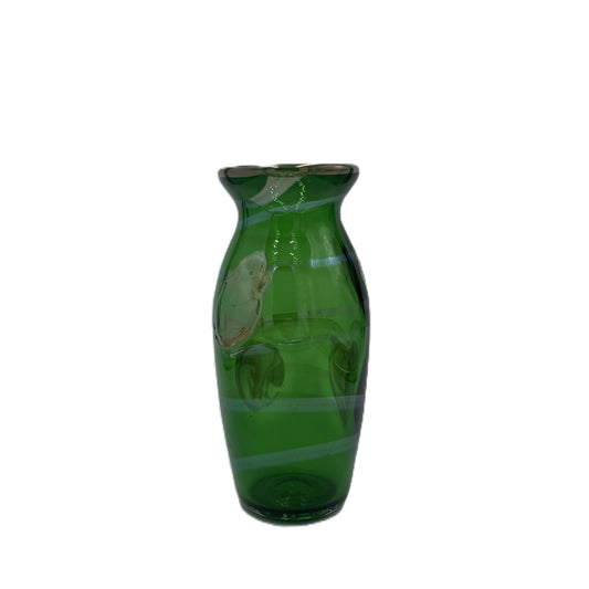 Green glass vase with irridesecnt leaf and vine motif on a white background
