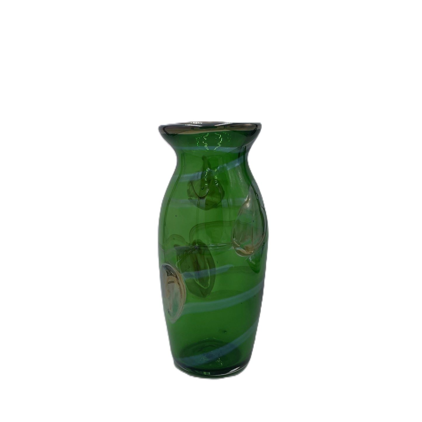 Green glass vase with irridescent leaf and vine pattern on a white background
