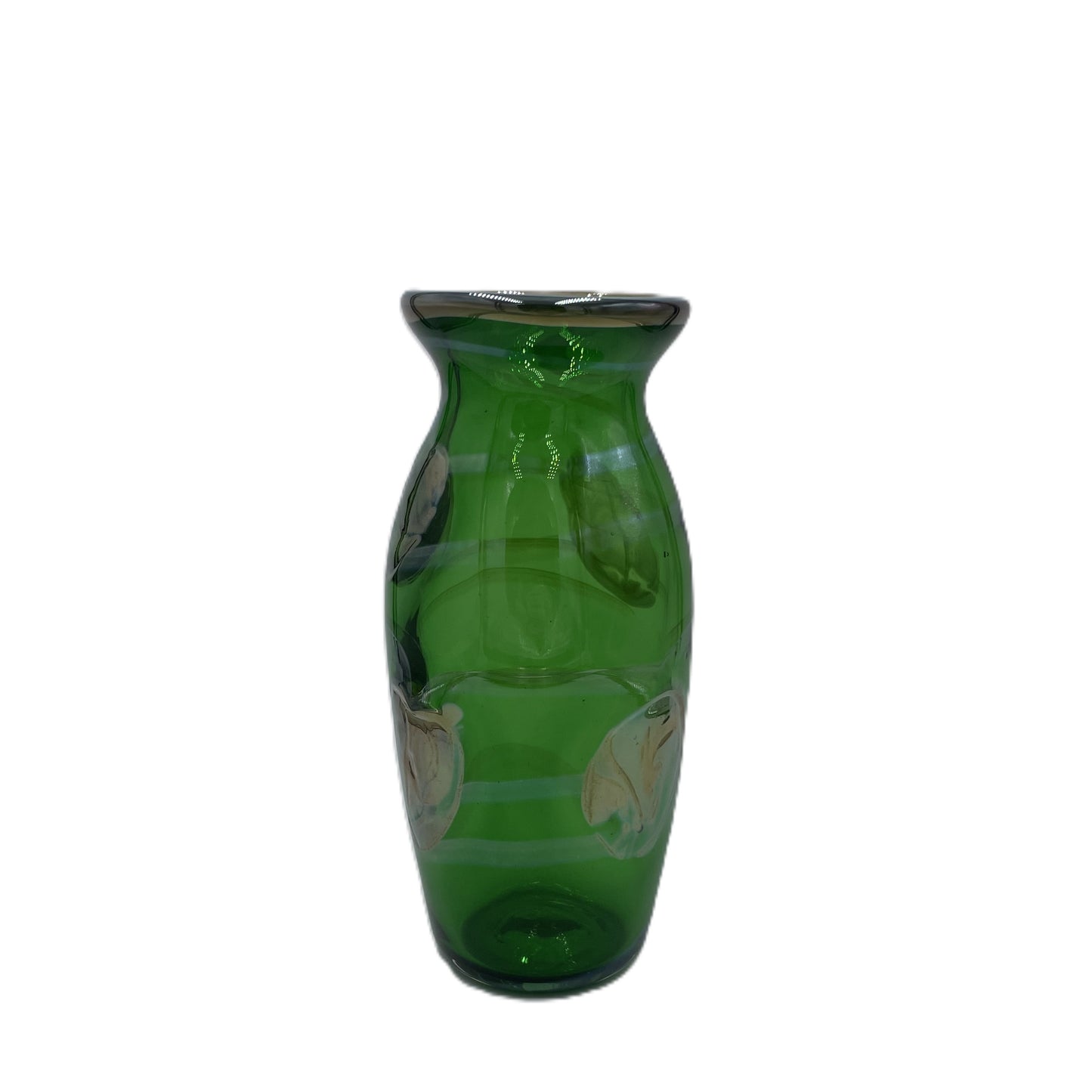 Green glass vase with irridescent leaf and vine pattern on a white background