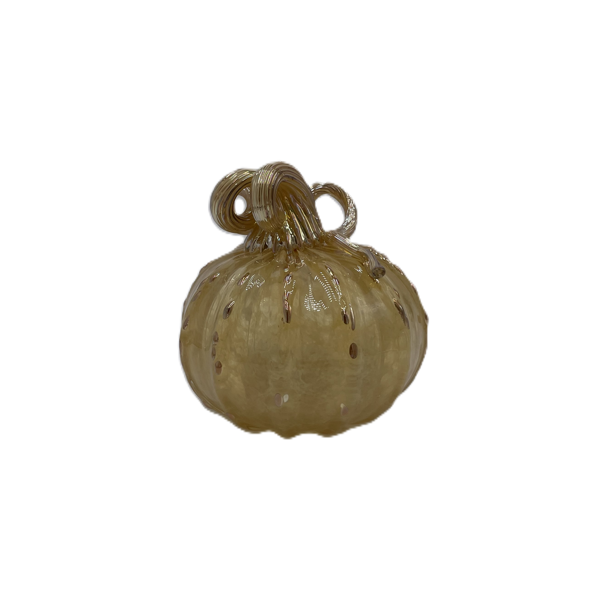 A small decorative glass pumpkin with a ribbed body, gold looped stem shown on a plain white background.