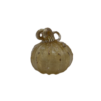 A small decorative glass pumpkin with a ribbed body, gold looped stem shown on a plain white background.