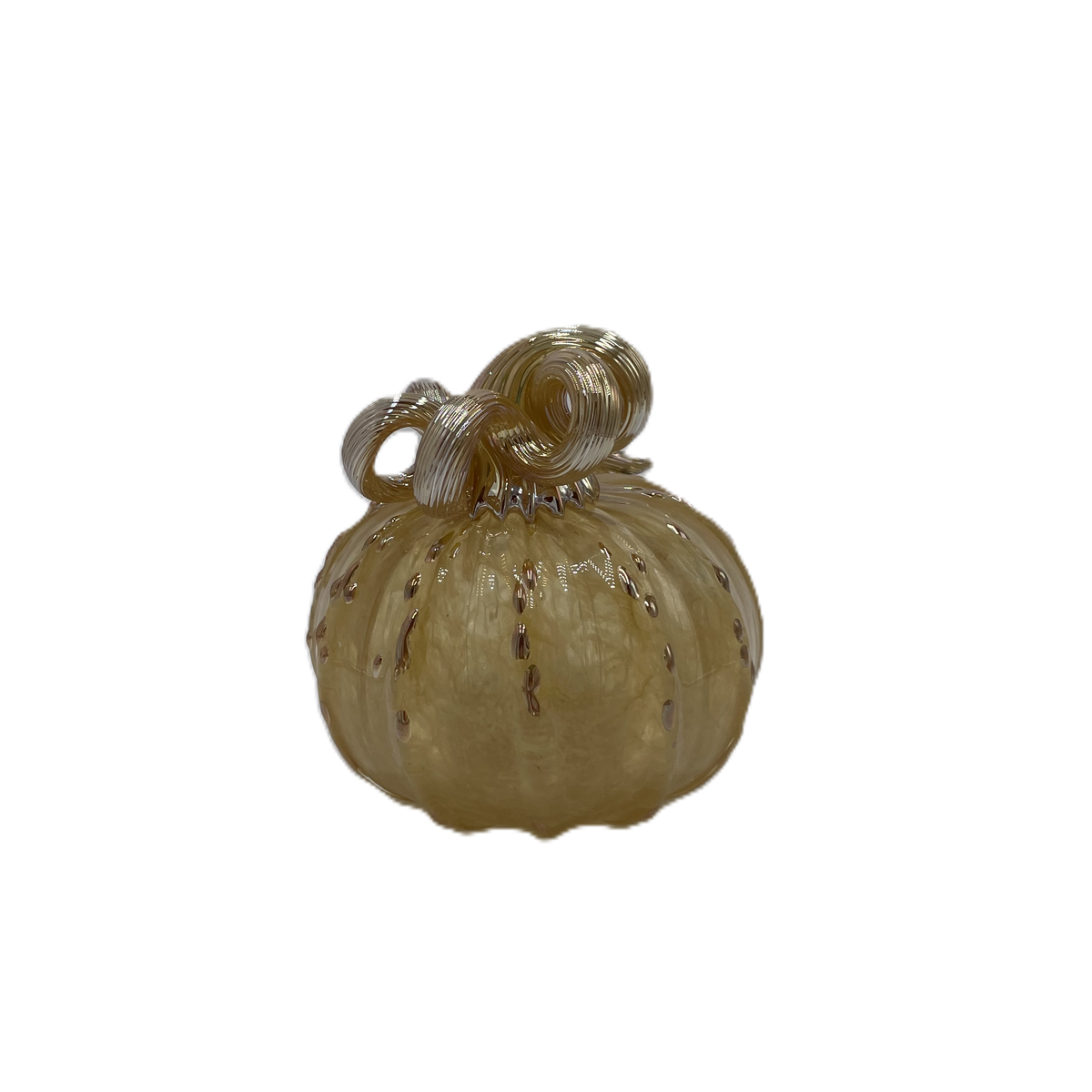 A small decorative glass pumpkin  with a ribbed body, gold stem, and subtle gold-toned speckles, isolated on a white background.