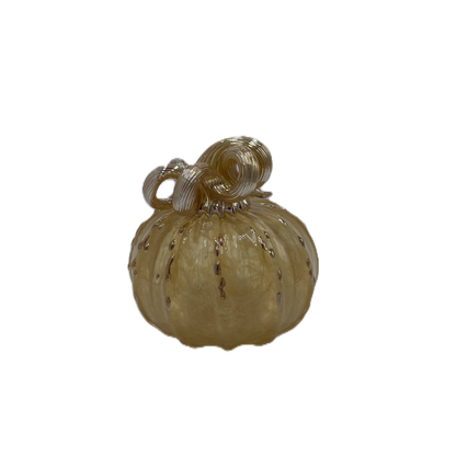 A small decorative glass pumpkin  with a ribbed body, gold stem, and subtle gold-toned speckles, isolated on a white background.