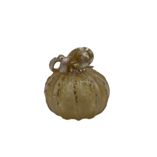 A small decorative glass pumpkin  with a ribbed body, gold stem, and subtle gold-toned speckles, isolated on a white background.